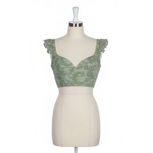 Amur‎ Rafaela Floral Linen Green Zipper Ruffled Cropped Top Size Medium Womens